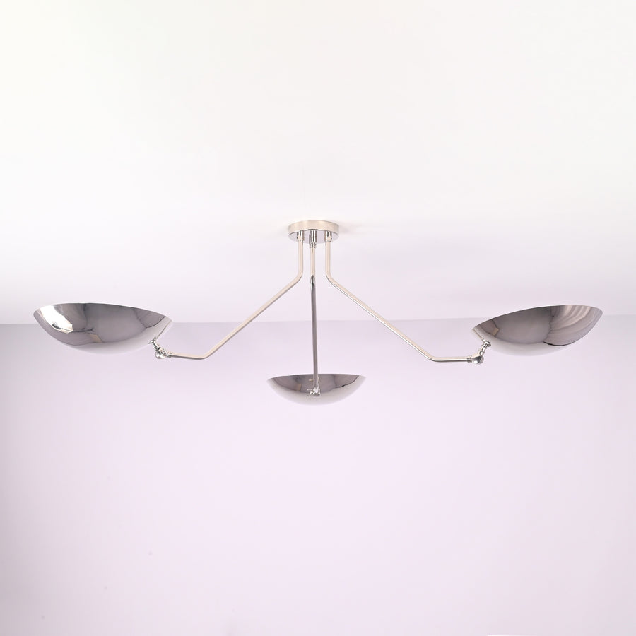 Polished chrome 3 light semi flush mount ceiling light with brass bowl shades, modern minimalist design by Brass Leaf Studio.