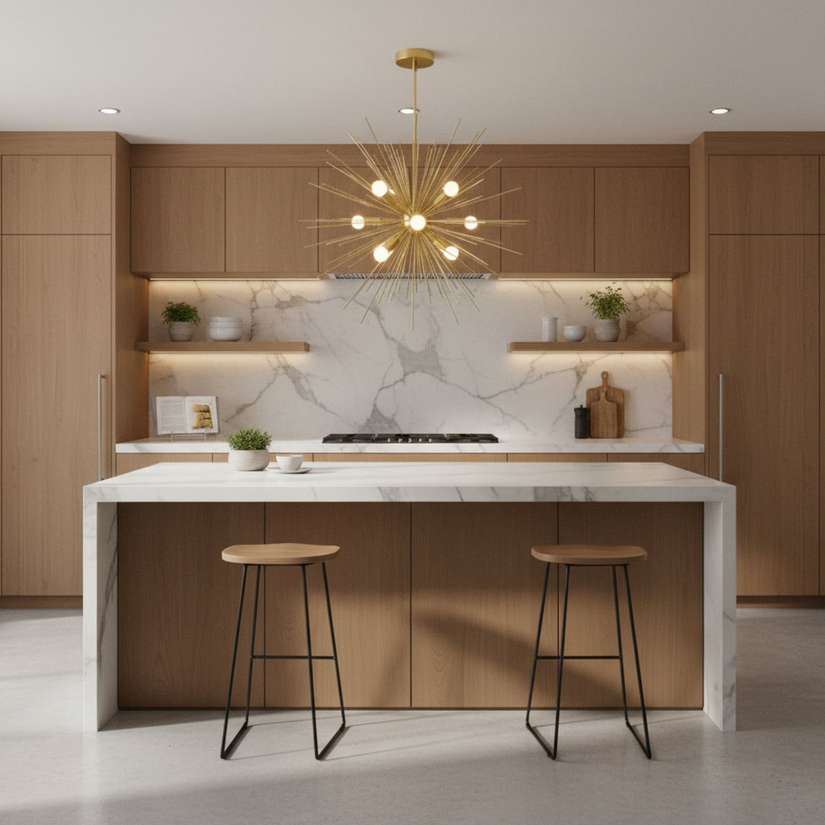 Porto Starburst 12-light brass chandelier with sculptural radiating rods, angled view