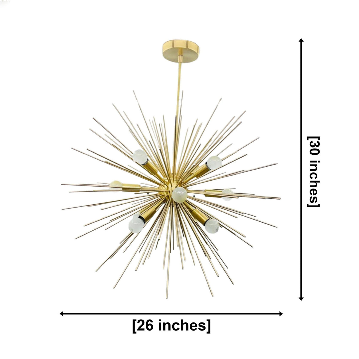 Porto Starburst 12-light brass chandelier dimensions, 26 inches wide and 30 inches high