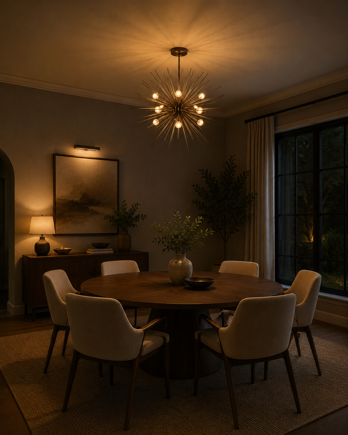 Porto Starburst 12-light brass chandelier installed above a dining table in a warm modern dining room