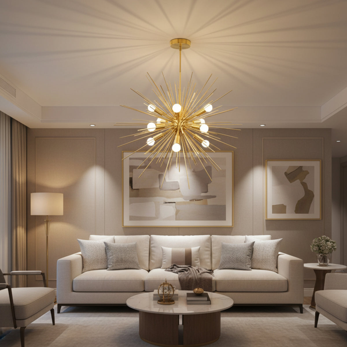 Porto Starburst 12-light brass chandelier with radiating Sputnik design, front view