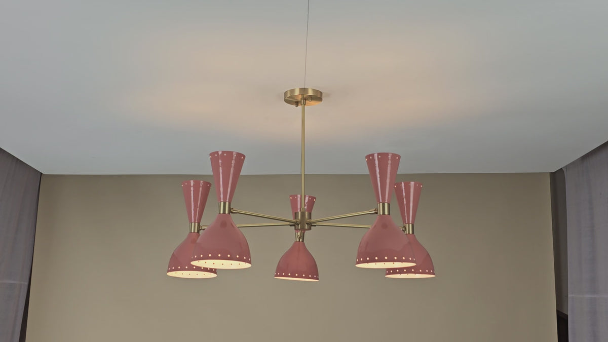 Modern Peach Double Cone Brass Chandelier – 10-Light Mid-Century Pendant by Brass Leaf Studio 32428