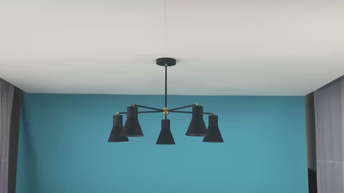 Modern Black Cone Shade Brass Chandelier – 5-Light Industrial Ceiling Fixture by Brass Leaf Studio 33117
