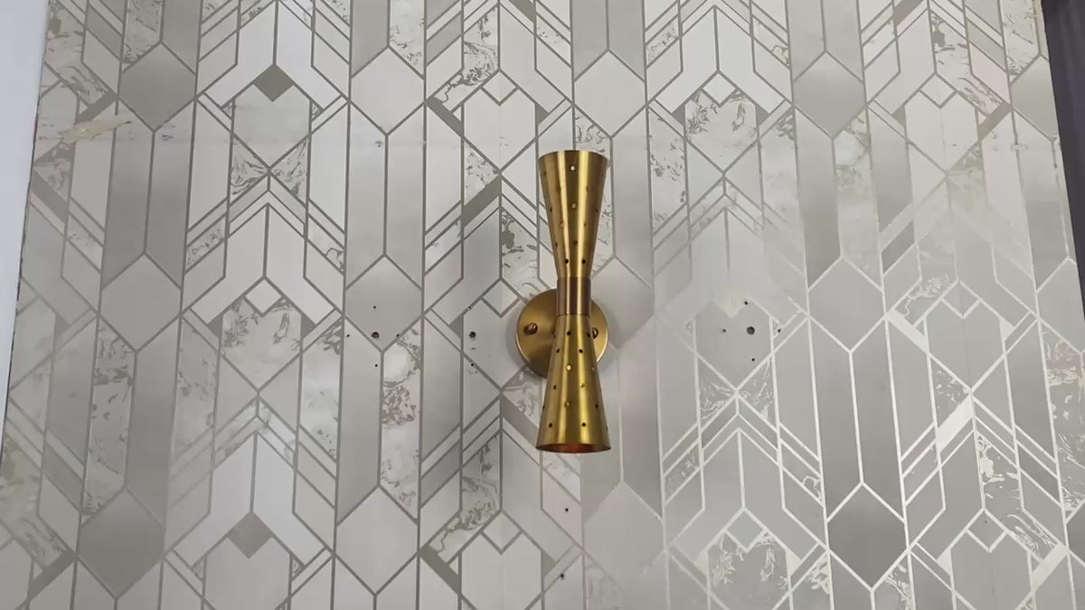 Mid-Century Modern Brass Double Cone Wall Sconce – Handmade Perforated Brass Light Fixture, Industrial & Minimalist Wall Lamp by Brass Leaf Studio 32627