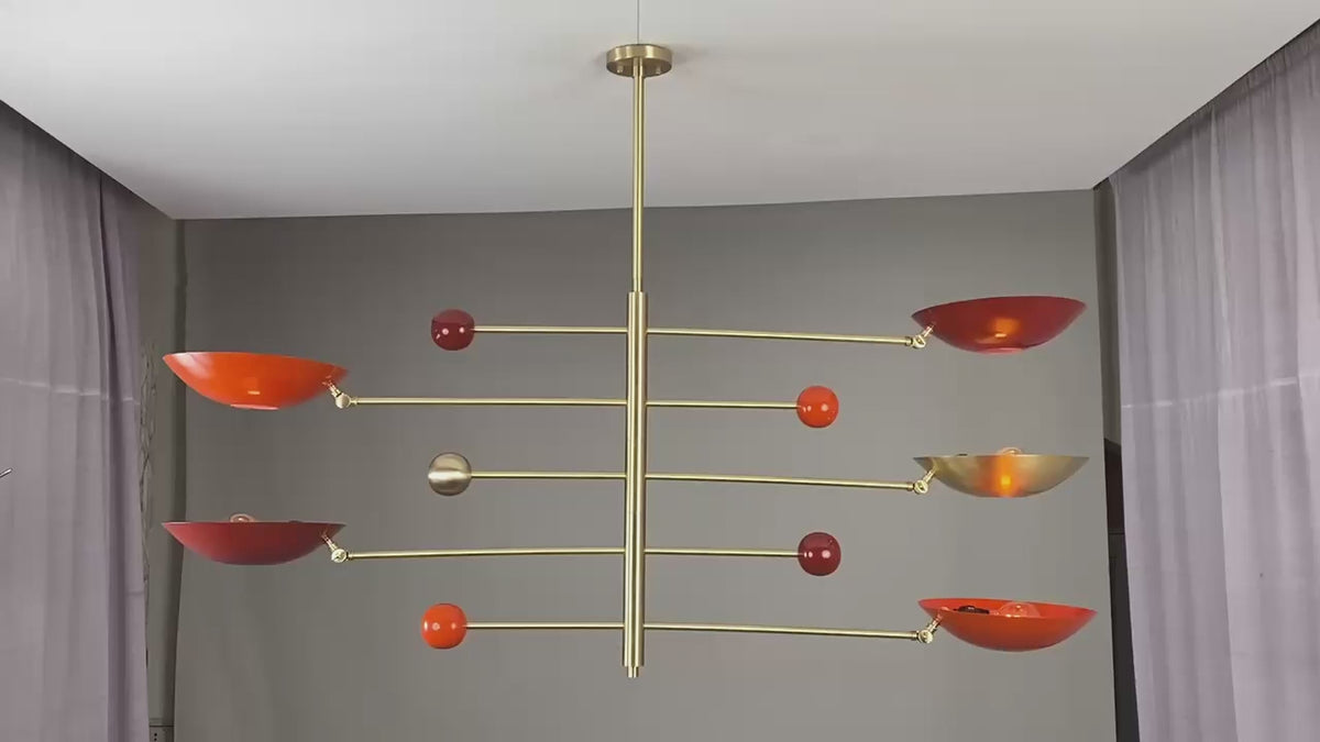 Orbit-Inspired Modern Brass Chandelier with Enamel Shades – 8-Light Sculptural Ceiling Fixture for Artistic Interiors 32494