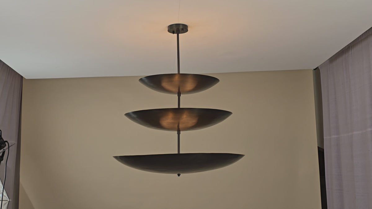 Triple Bowl Chandelier in Blackened Brass – 3-Tier Modern Ceiling Light by Brass Leaf Studio 32422