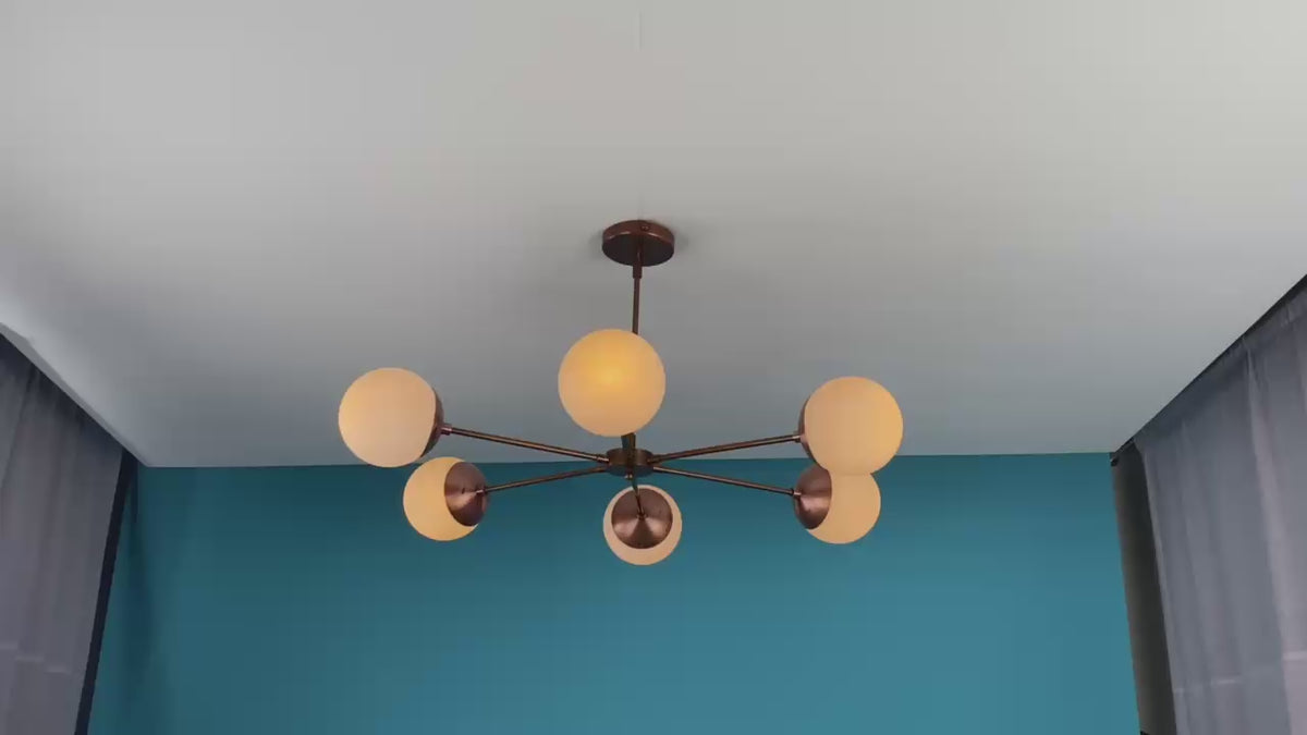 Modern 6-Light Brass Sputnik Ceiling Chandelier with Globe Shades – Handmade Flush Mount by Brass Leaf Studio 33115