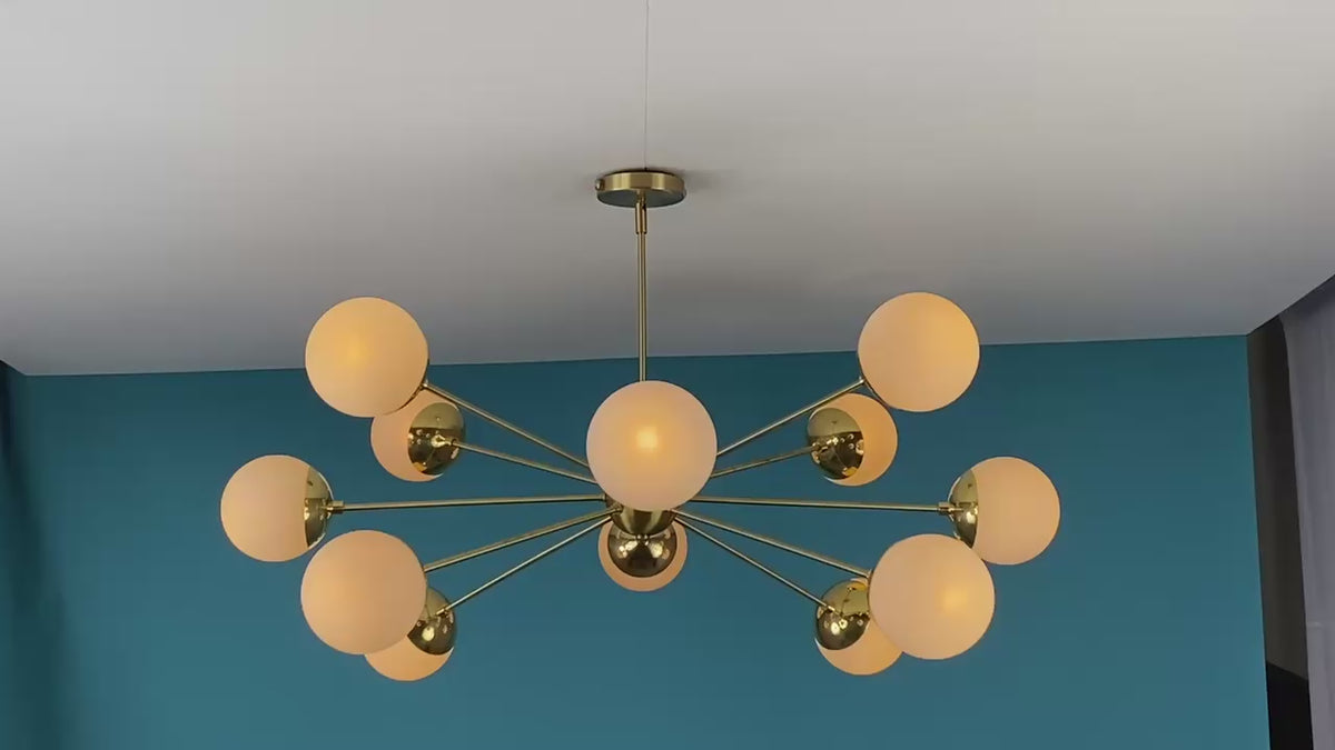 Mid-Century Modern 12-Light Globe Chandelier – Brass Sputnik Ceiling Light with Opal Glass Shades – Customizable Handmade Lighting by Brass Leaf Studio 33108