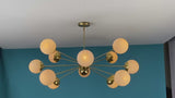 Mid-Century Modern 12-Light Globe Chandelier – Brass Sputnik Ceiling Light with Opal Glass Shades – Customizable Handmade Lighting by Brass Leaf Studio 33108