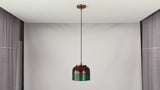 Multicolor copper drum pendant light video showing the artistic textured shade, black cord, copper canopy, warm downward glow, and kitchen island installation