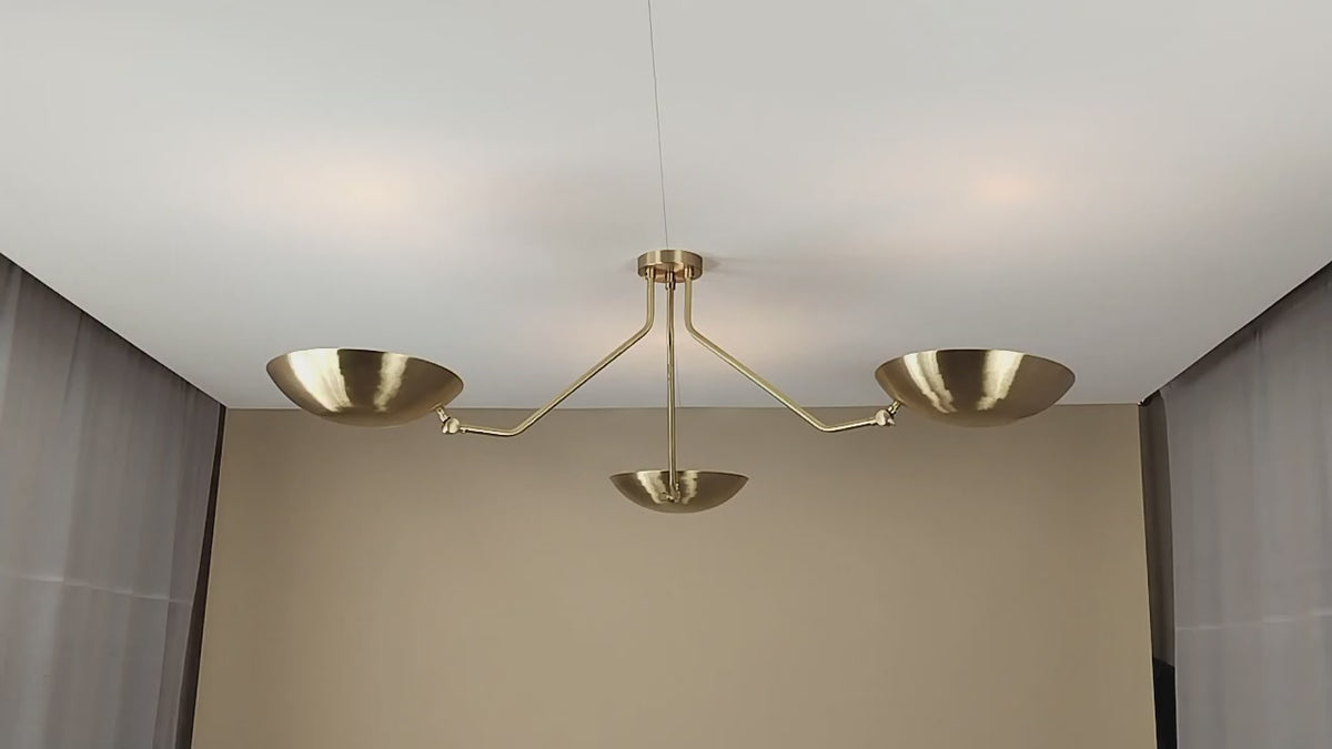 Three-Arm Brushed Brass Flushmount Ceiling Light – Handmade Multi-Bowl Chandelier by Brass Leaf Studio 32431