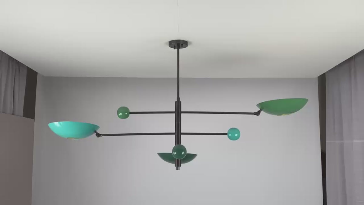 Modern 3-Light Sputnik Brass Chandelier with Colorful Disc Shades – Handmade Custom Ceiling Light by Brass Leaf Studio 33134