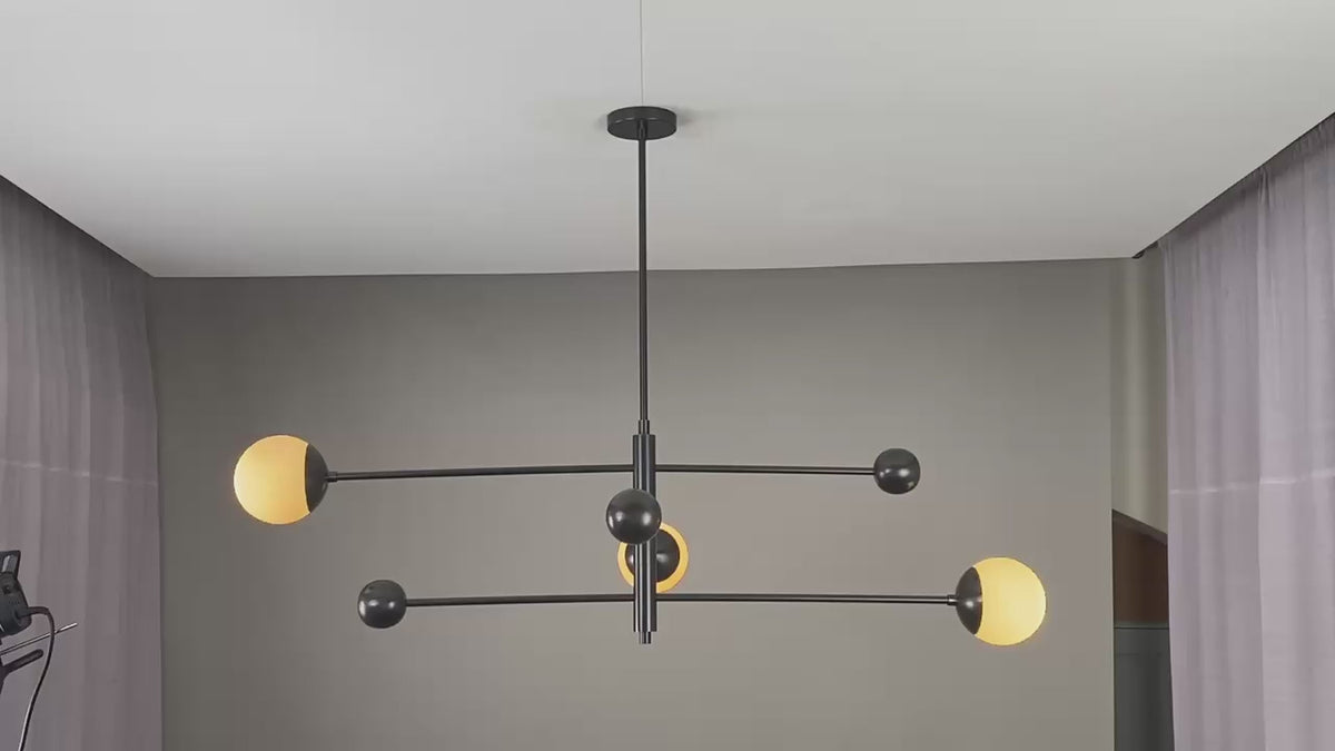 Modern Matte Black Globe Chandelier | Sculptural 3-Light Fixture | Blackened Brass Pendant Lighting 32476