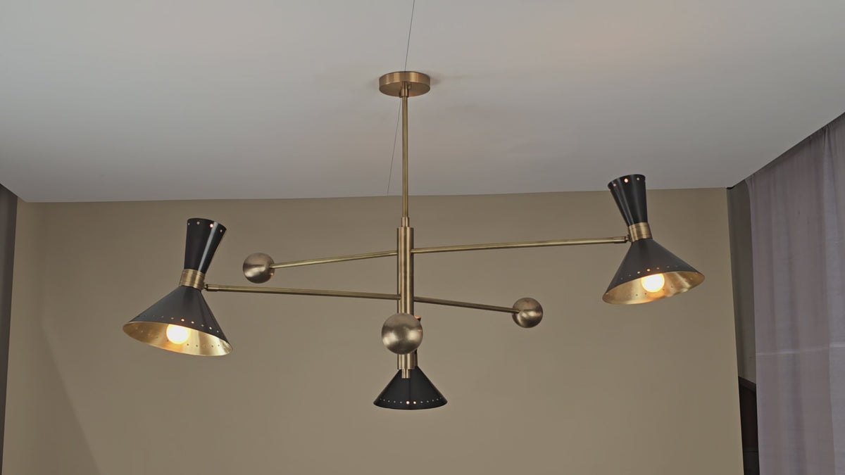 6 Lights 3 Arms Modern Brass Cone Shade Chandelier – Black & Brass Mid-Century Pendant by Brass Leaf Studio 32446