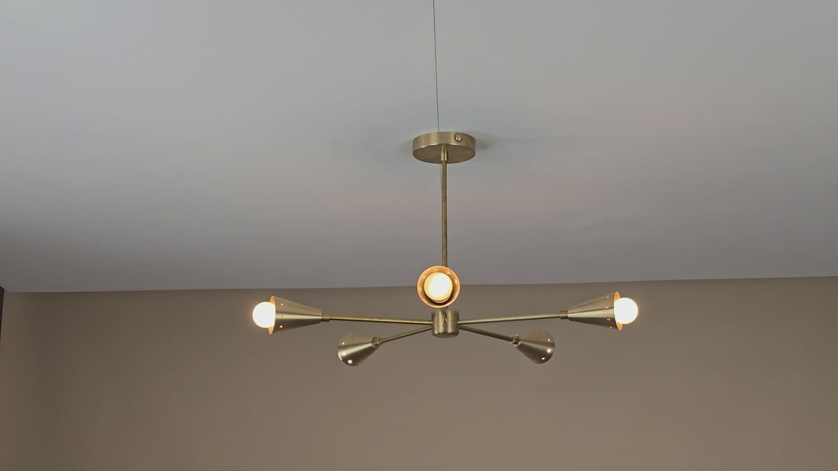 5-Light Brass Cone Arm Ceiling Light – Handmade Mid-Century Modern Brass Chandelier by Brass Leaf Studio 32442