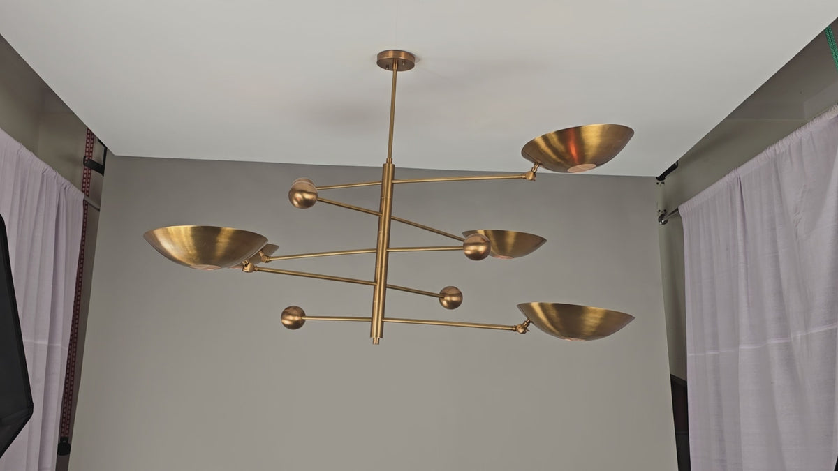 Five-Light Sculptural Brass Chandelier – Handcrafted Mid-Century Modern Luxury Ceiling Light | Custom Size & Finish - 32344