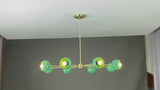 Mid-Century Modern Brass Chandelier with 8 Mint Green Bowl Shades – Customizable Designer Ceiling Light by Brass Leaf Studio 32499