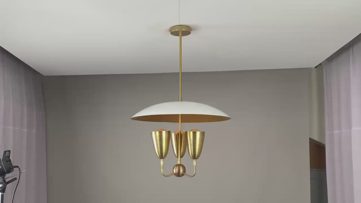 Raw Brass Disc Pendant Light – 3-Light Cone Chandelier | Handmade Brass Ceiling Fixture (24" x 36") | Mid-Century Modern Lighting 32474