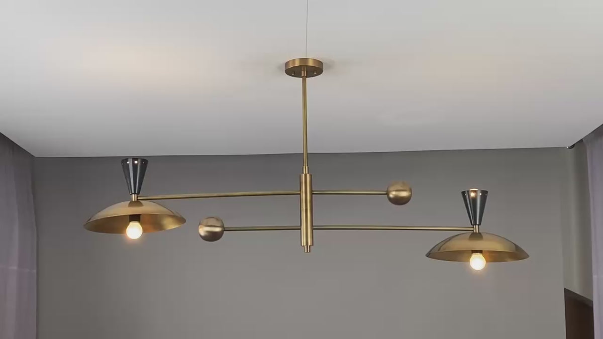 Diabolo 4-Light Brass Chandelier – Modern Mid-Century Ceiling Light with Sculpted Brass & Black Conical Shades 32464