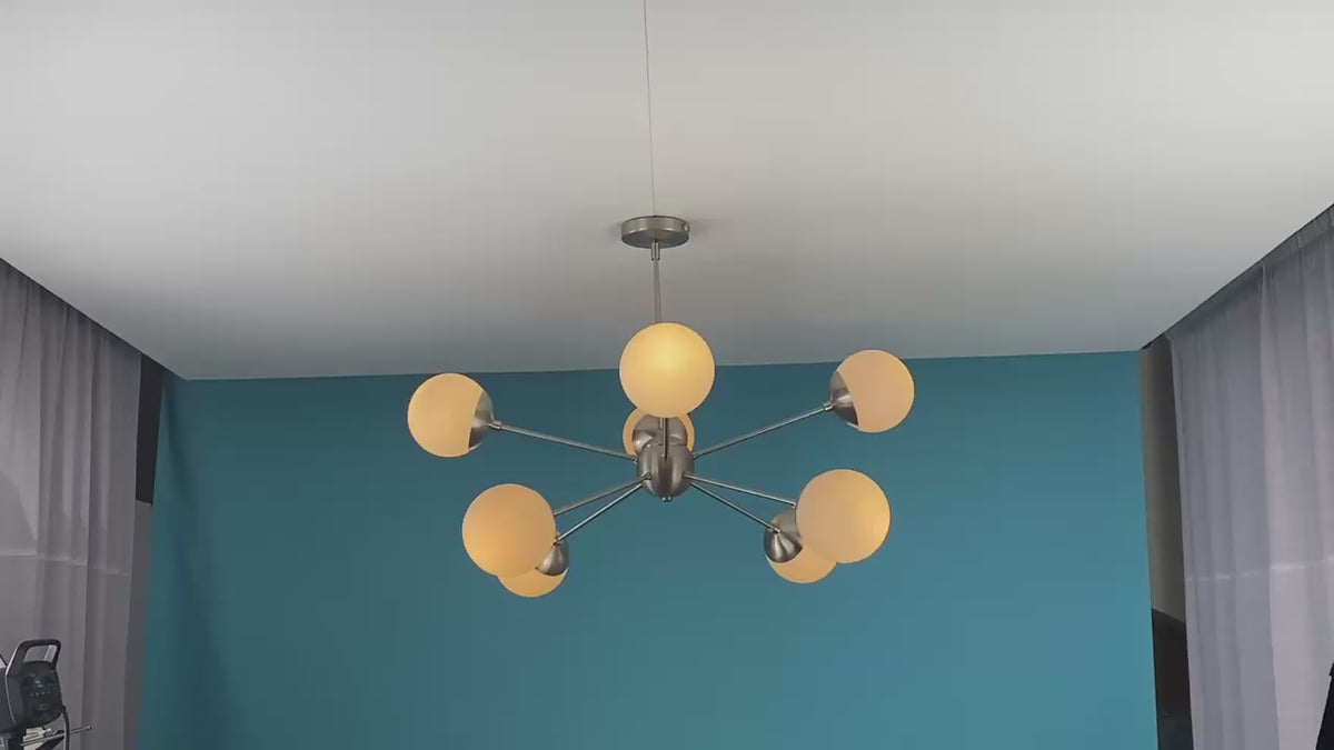 Mid-Century Modern 8-Light Chandelier – Satin Nickel Brass Globe Pendant for Dining, Living, Bedroom – Customizable Handmade Lighting by Brass Leaf Studio 33109