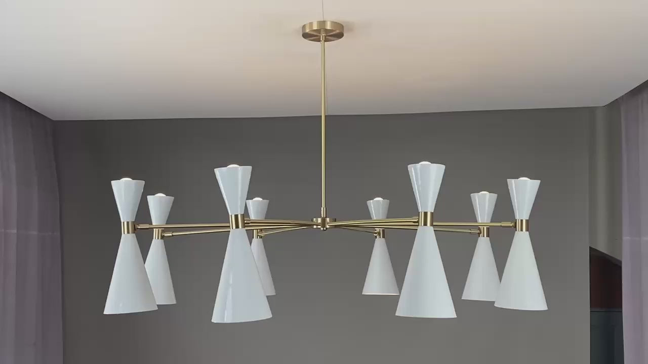 Brass and white cone chandelier slowly rotating under warm lighting, showcasing its elegant design and ambient glow in a modern interior