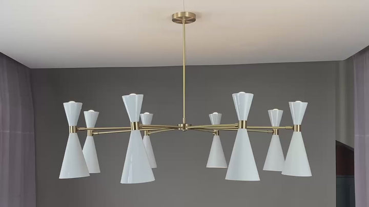Brass and white cone chandelier slowly rotating under warm lighting, showcasing its elegant design and ambient glow in a modern interior