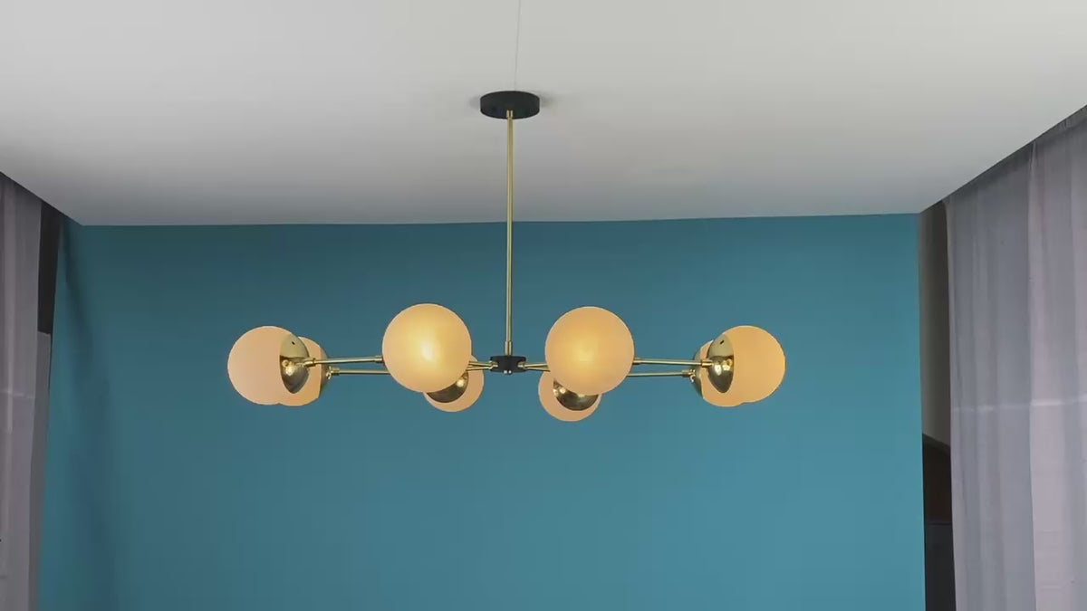 38" Brass & Black Modern Globe Chandelier – 8 Light Mid-Century Sputnik Ceiling Light – Customizable Handmade Lighting Fixture by Brass Leaf Studio 33110