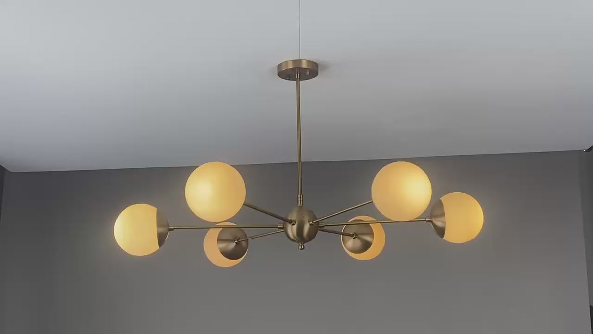 6-Light Glass Globe Brass Chandelier – Modern Mid-Century Ceiling Light | Handmade Solid Brass Fixture 32456