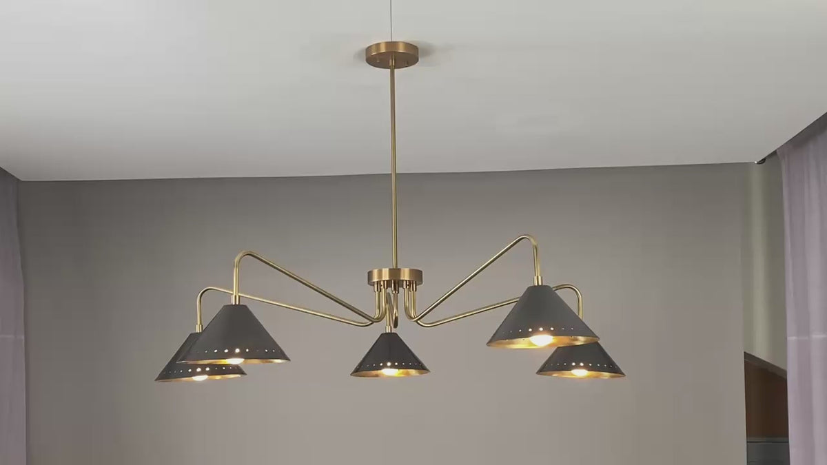 Mid-century brass chandelier with cone shades shown illuminated and rotating in room setting