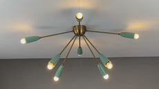 Product video showcasing a mid-century modern sputnik chandelier with 8 mint green cone shades and brass arms, illuminating softly from a flush mount ceiling position. The clip highlights the warm ambient glow, 360° visual angles, handcrafted brass structure, and minimalist design—perfect for living rooms, dining areas, or designer interiors