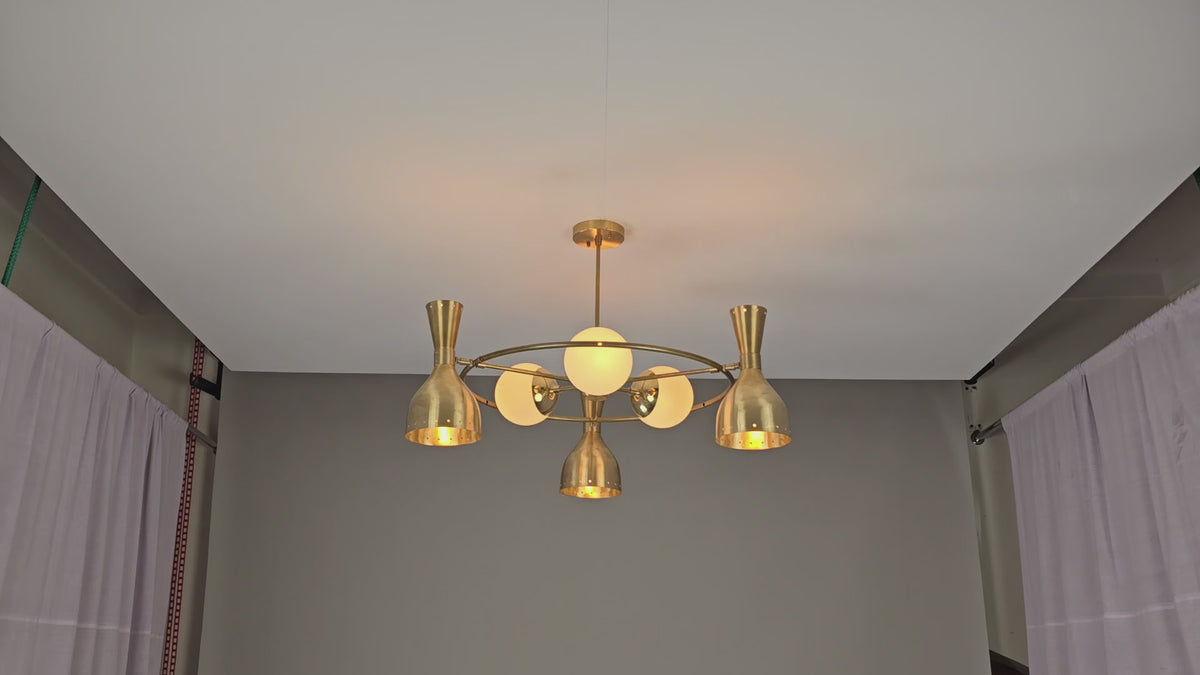 Diabolo Brass Chandelier | Two-Way Ceiling Light | Mid-Century Modern Pendant | Customizable Finish |  - 32395