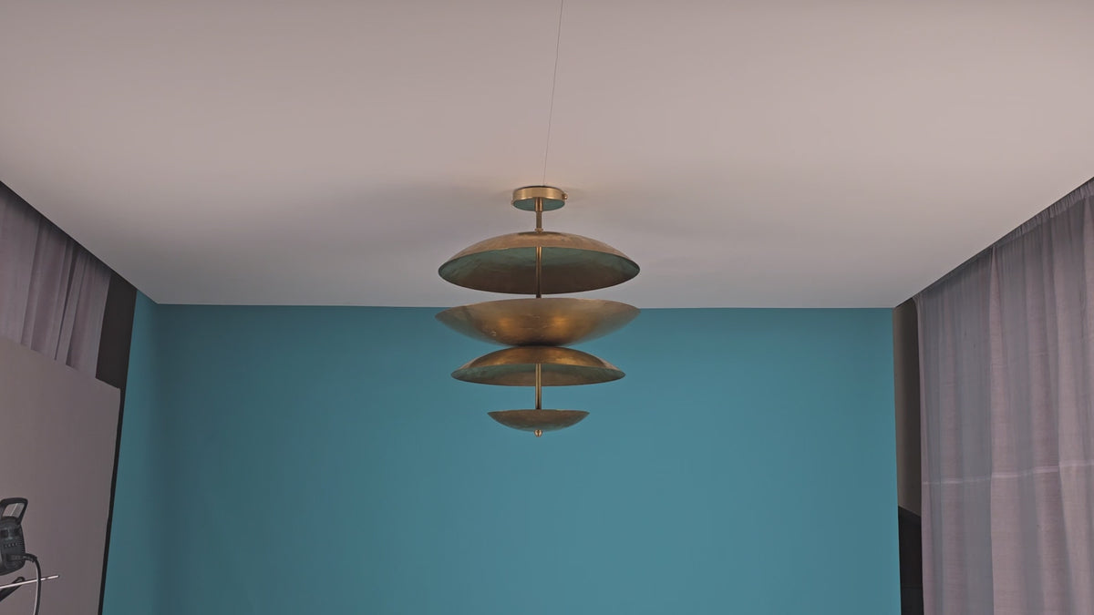 Make a Sculptural Statement with This Tiered Brass Disc Pendant – 18” Wide x 21” High – Handmade Layered Ceiling Light by Brass Leaf Studio 33104