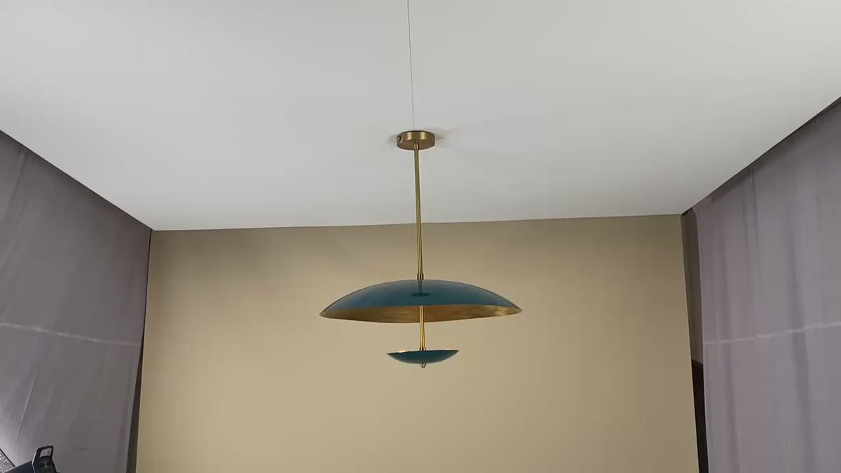 Emerald Green Brass Pendant Light – Handcrafted Dual Bowl Chandelier in Brushed Brass & Lacquer Finish | Custom Size & Finish by Brass Leaf Studio 32427