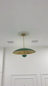 Athens verdigris patina brass chandelier video showing the 24 inch dome, brushed brass interior, three LED lights and warm sculptural glow