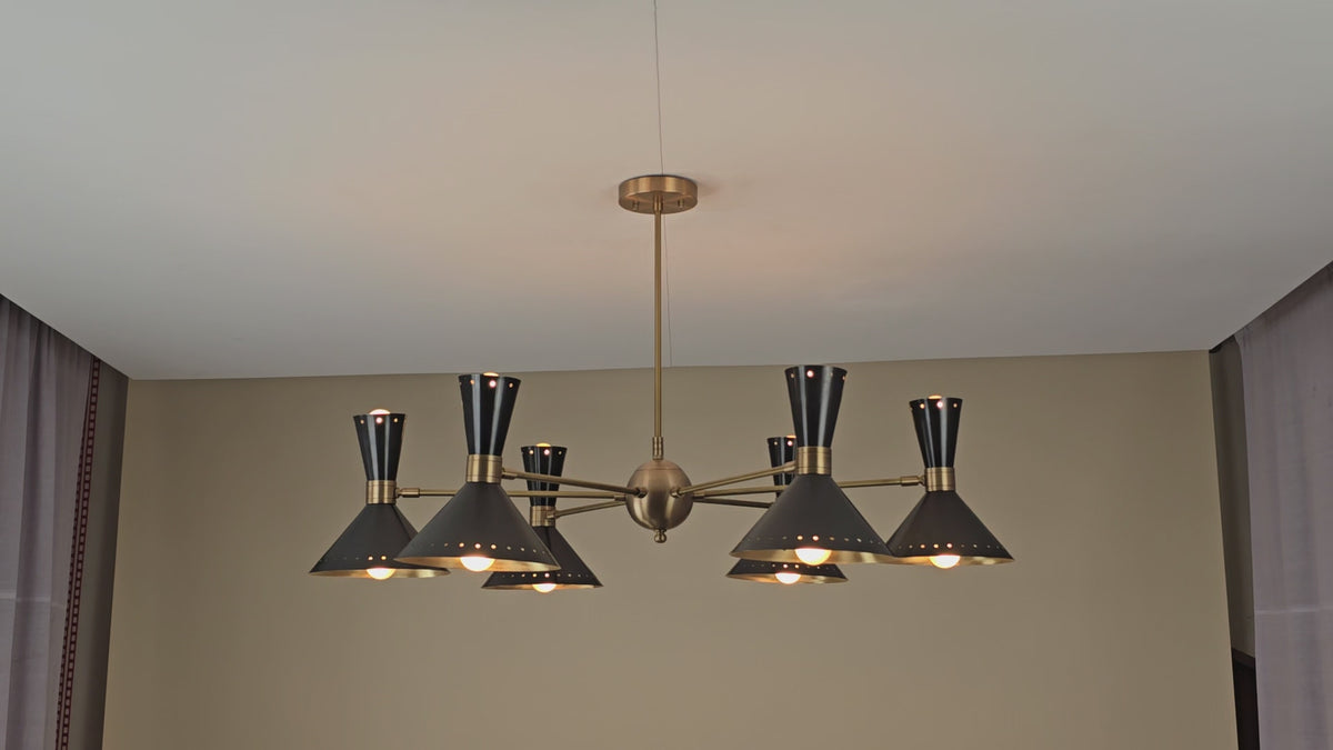 Mid-Century 12-Light Brass & Black Cone Chandelier – Handmade Solid Brass Modern Ceiling Light by Brass Leaf Studio 32450