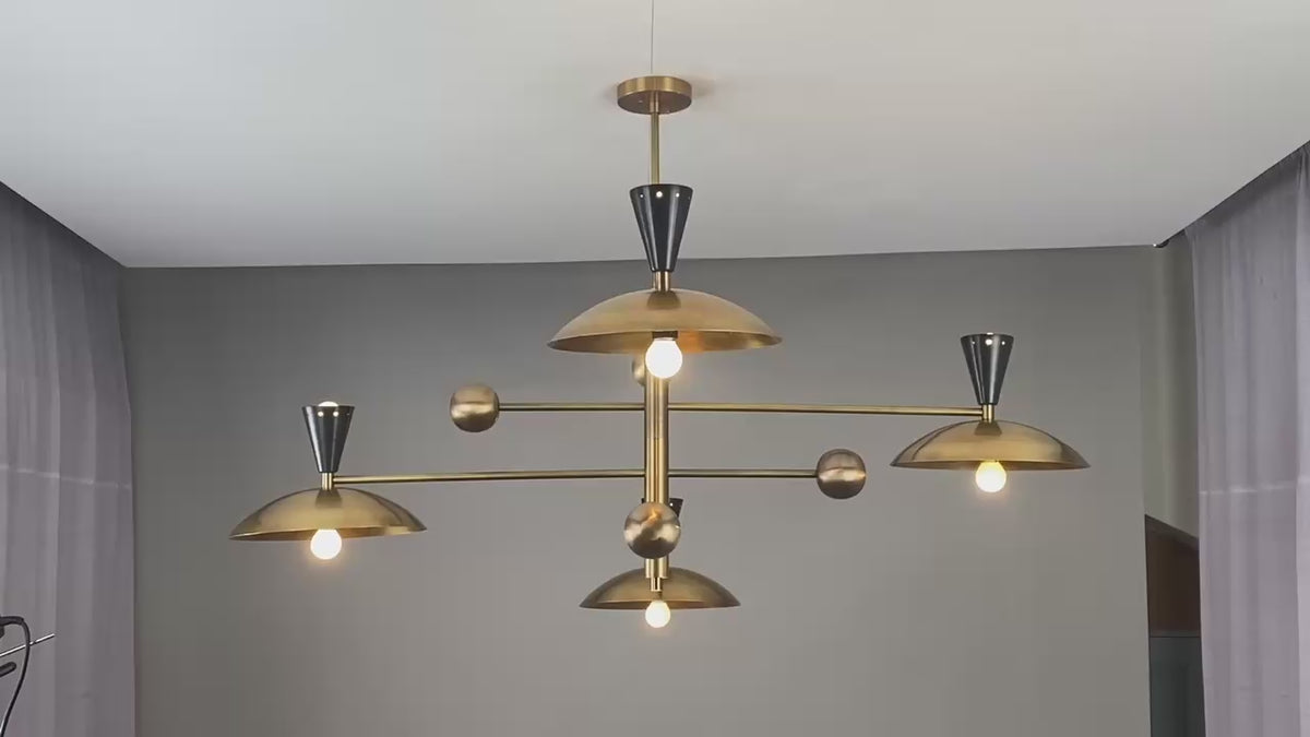 Diabolo 8-Light Brass Chandelier – Modern Mid-Century Ceiling Light with Sculpted Brass & Black Conical Shades 32463