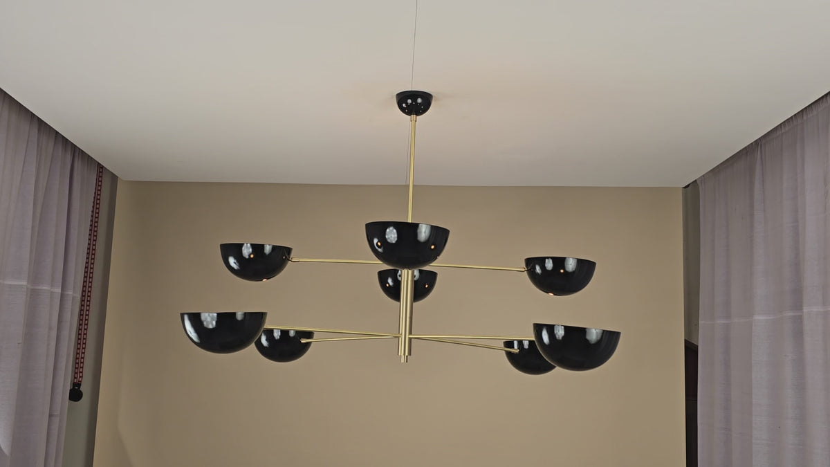 8 Lights Raw Brass Large Pendant – Modern Industrial Chandelier with Black Bowl Shades by Brass Leaf Studio 32443
