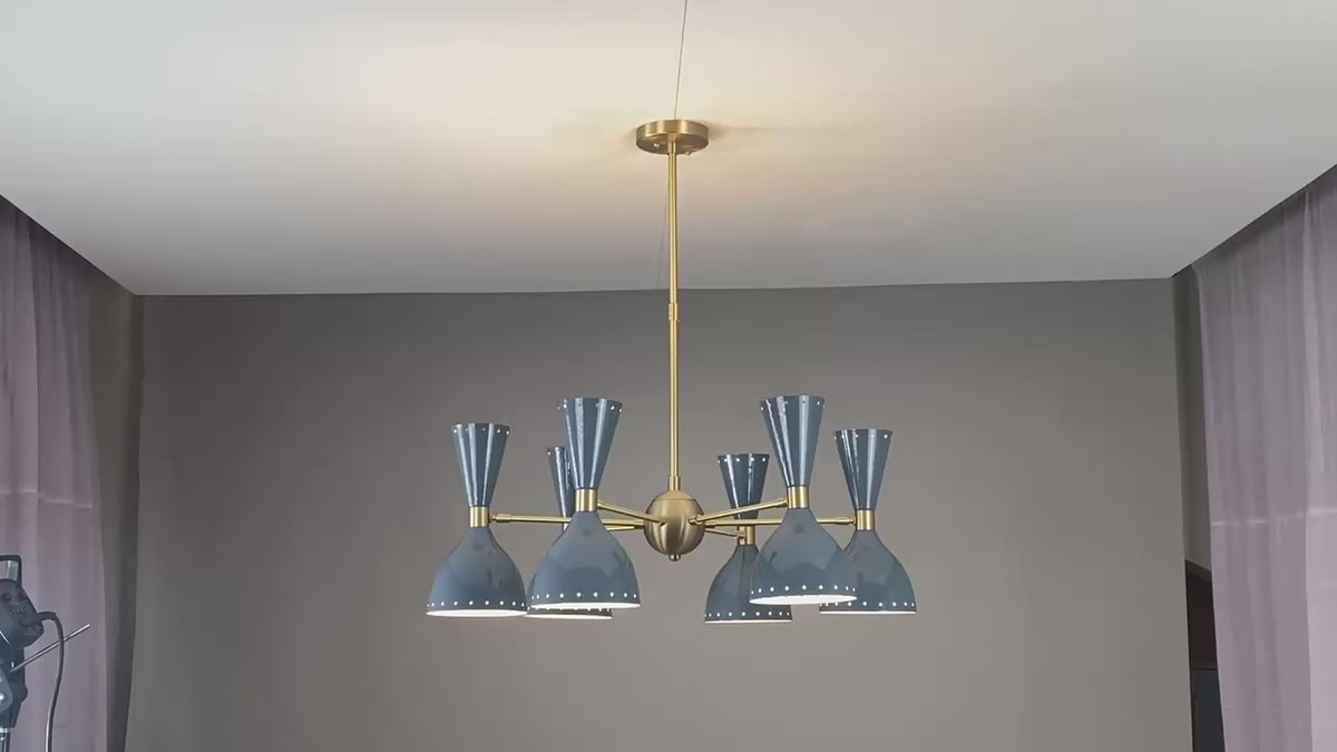 Mid-Century Modern 6-Light Brass Chandelier with Dual-Cone Shades | Customizable Handmade Lighting by Brass Leaf Studio 32498