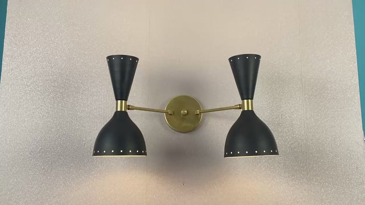 Mid-Century Modern Double Black Brass Wall Sconce – Handmade Dual Shade Light Fixture, Industrial & Minimalist Wall Lamp by Brass Leaf Studio 32629