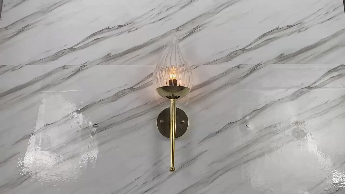 Modern Brass Wall Sconce with Teardrop Glass Shade – 18” Tall Industrial Art Deco Light Fixture by Brass Leaf Studio 32623