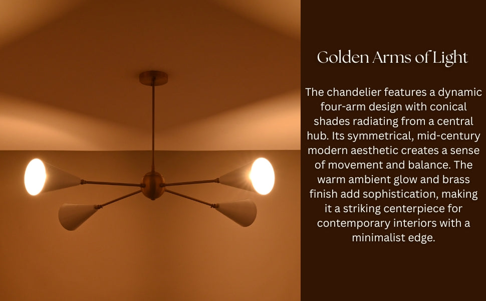 Sleek horizontal brass chandelier with white cone shades – contemporary lighting fixture for clean, modern aesthetics