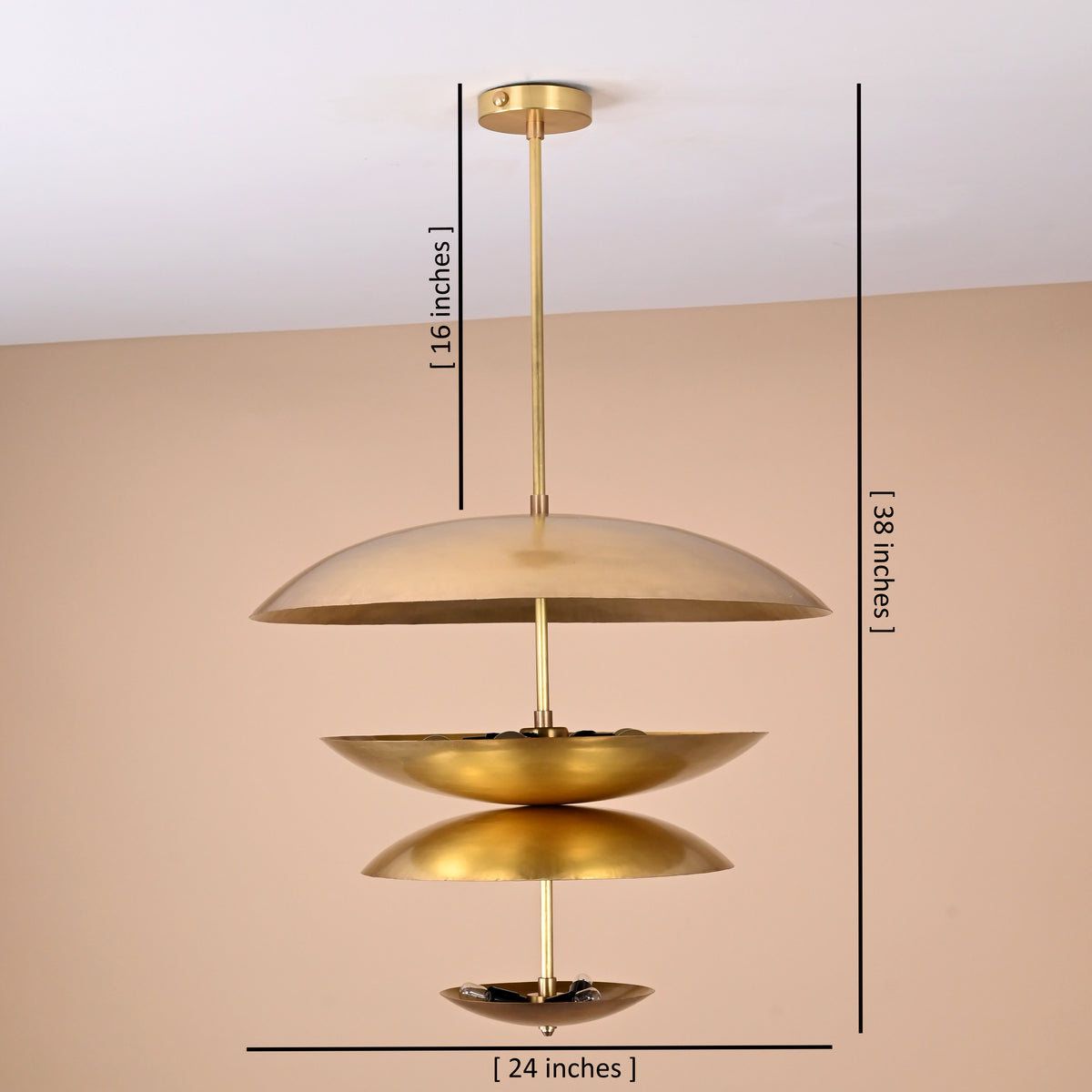 Raw brass 8-light ceiling chandelier with layered disc shades, 24-inch width and 38-inch height, handcrafted by Brass Leaf Studio