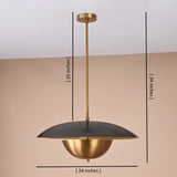 Brass disc pendant light showing full dimensions with 24-inch width, 25-inch rod length, and 34-inch overall height
