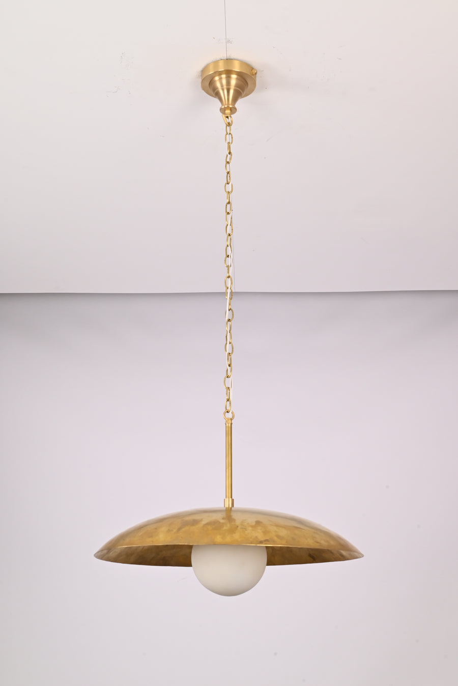 Raw Brass Dome Disc Pendant Light With Opal Glass Globe – Model 33375