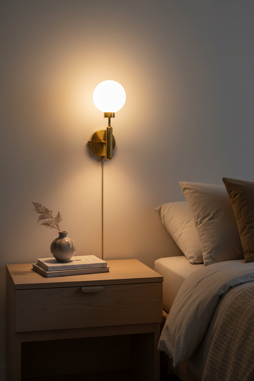 Raw brass globe wall sconce with round wall canopy, vertical brass body, opal glass shade, and pull chain detail