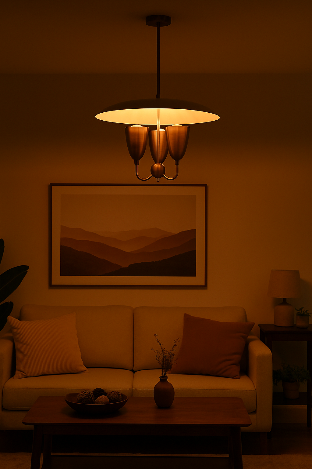Raw brass pendant chandelier glowing warmly at night with indirect ambient lighting