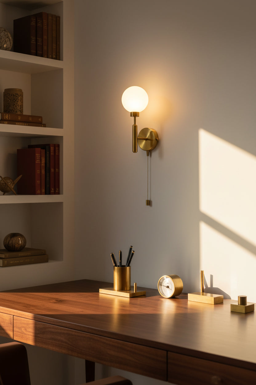 Raw brass wall sconce with decorative brass chain switch and glowing white glass globe for bedroom or hallway lighting