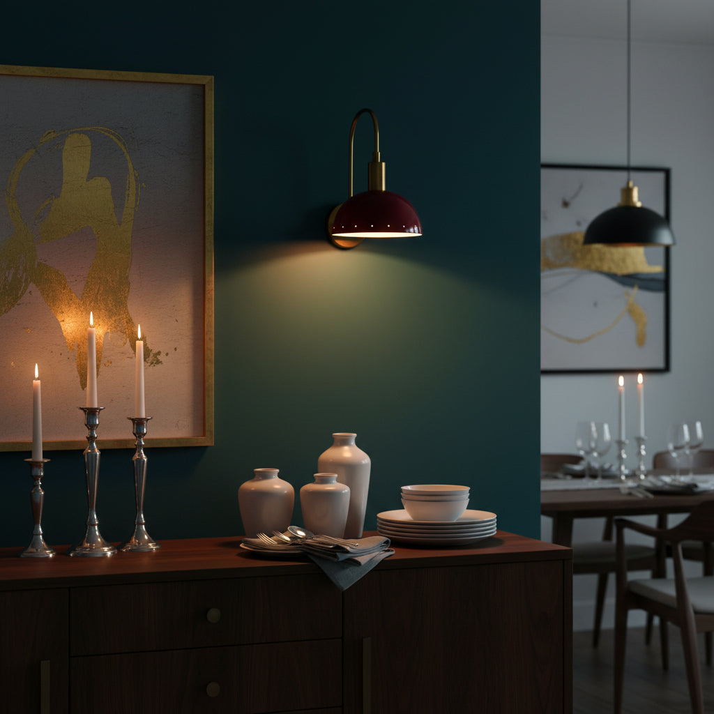 Close-up of red bowl shade brass wall sconce showing smooth glossy finish, round canopy, and warm light output