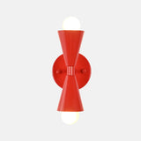 Red double cone wall sconce designed for bedroom, hallway, vanity, living room, and entryway lighting