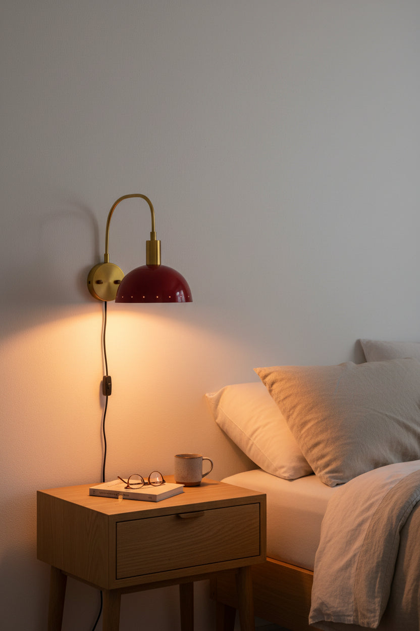 Red enamel bowl shade wall light with brass canopy and curved arm, designed as a stylish single-light wall sconce
